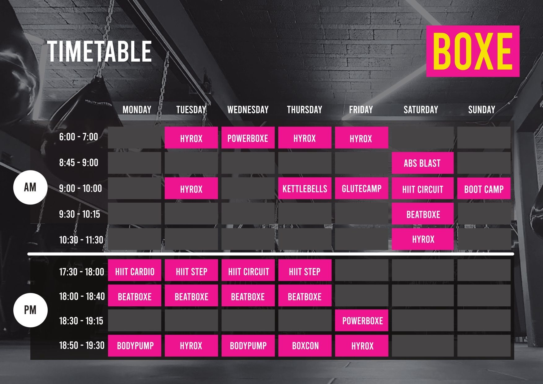 A boxing timetable for halton boxing club