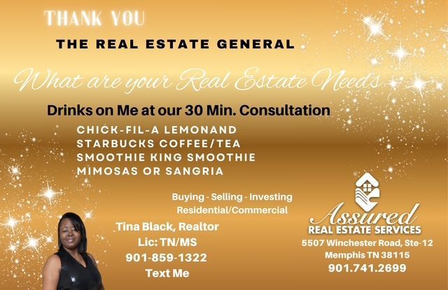 Real estate advertisement by Tina Black: Thank you, discuss real estate needs, choose a treat.
