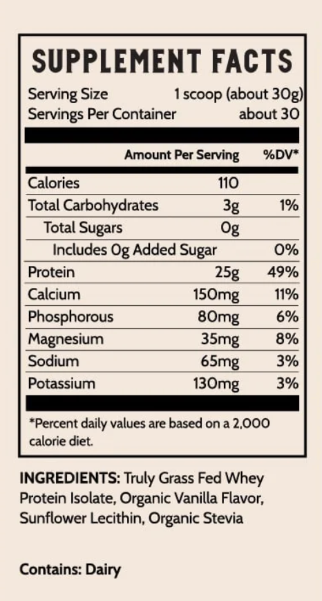 A supplement facts label for truly grass fed whey protein isolate