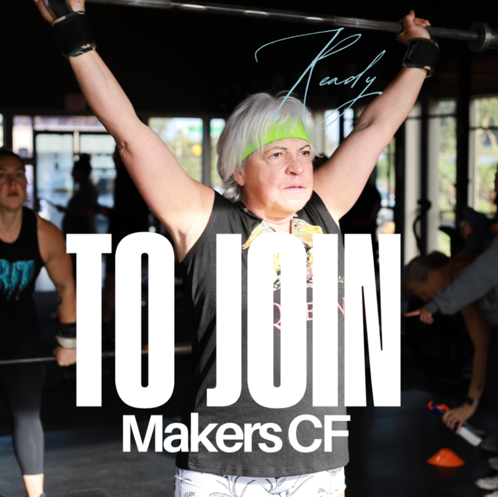 A woman is lifting a barbell with the words to join makers cf on the bottom