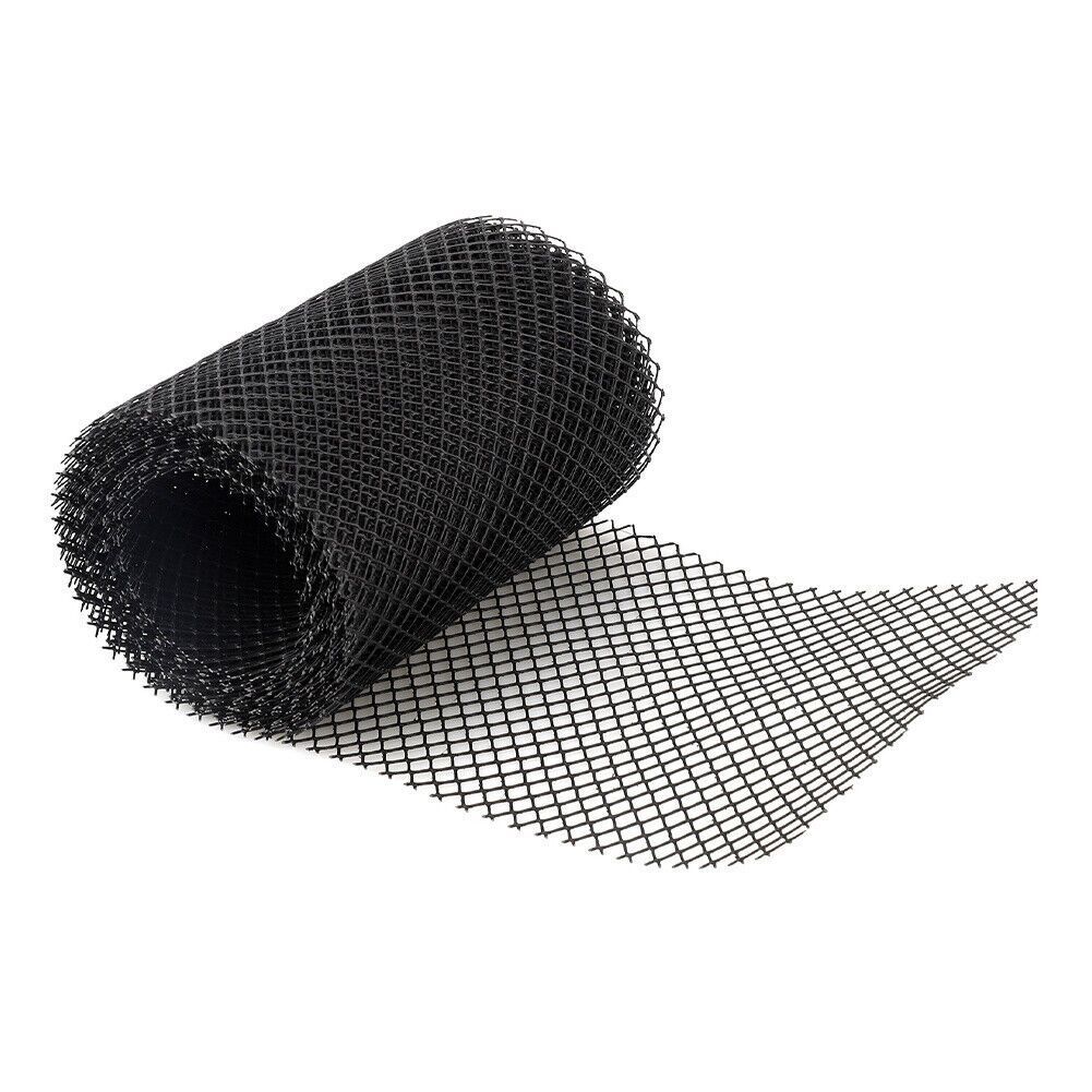 A roll of mesh gutter guard made of black plastic, on a white background, product image. Designed to protect UK homes from water damage by keeping their gutters clear from debris.