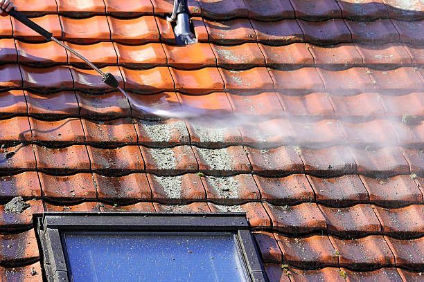 A person is cleaning a tiled roof in Newport, Wales with a soft pressure washer. Expert moss removal.