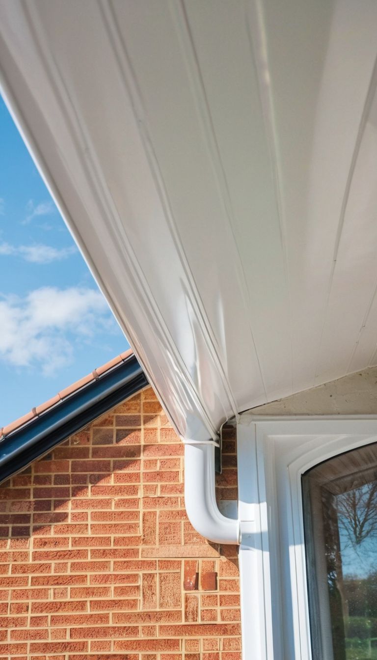 A white gutter is attached to the side of a brick house.