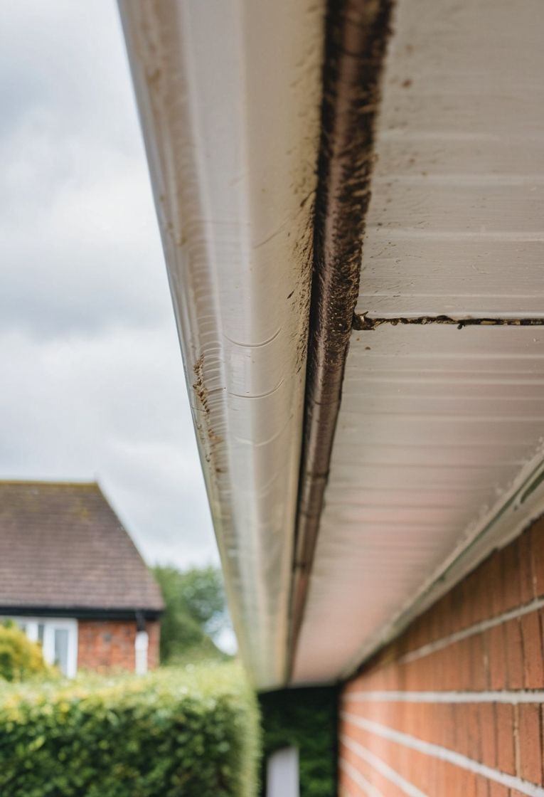 A close up of a gutter on the side of a house.