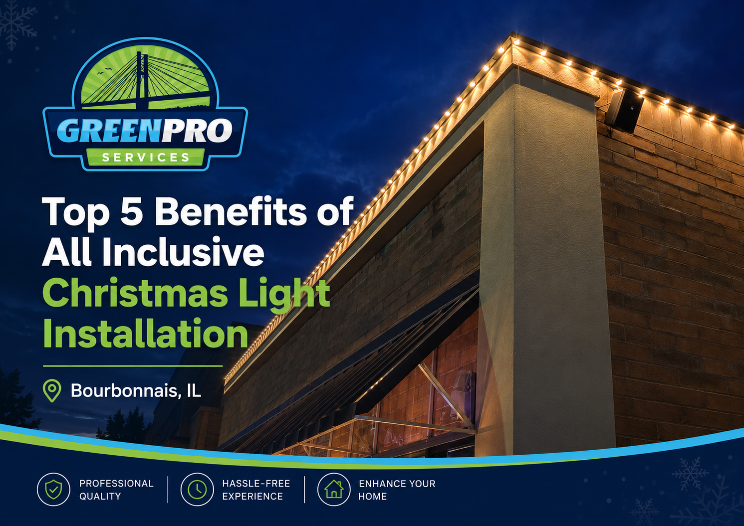 Green Pro Services installing all inclusive Christmas lights on a home in Bourbonnais Illinois.
