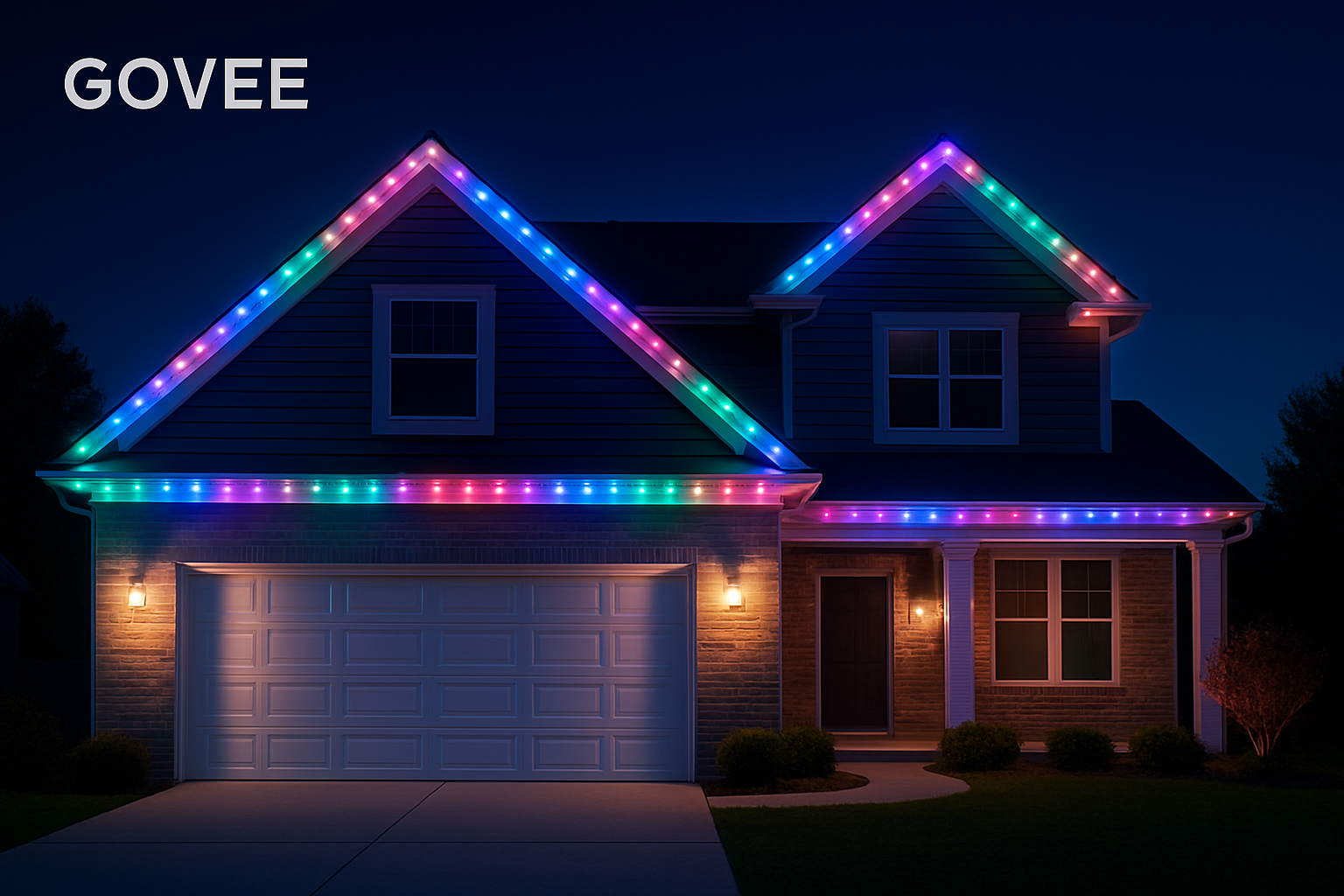photo of Govee permanent Christmas lights on house at night in Kankakee