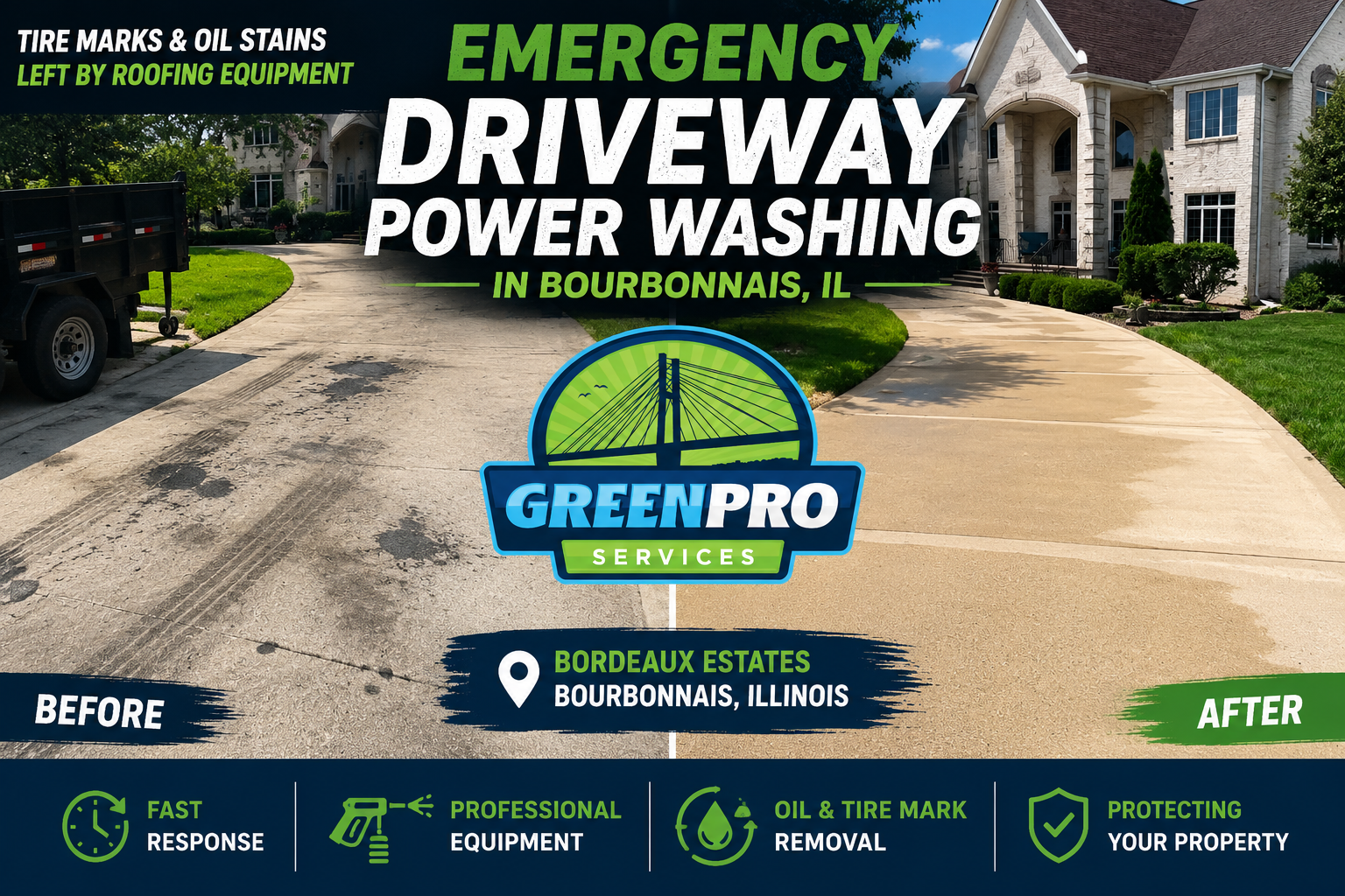 Emergency driveway power washing ad for GreenPro, showing a before-and-after driveway cleanup in Bourbannais, Illinois.
