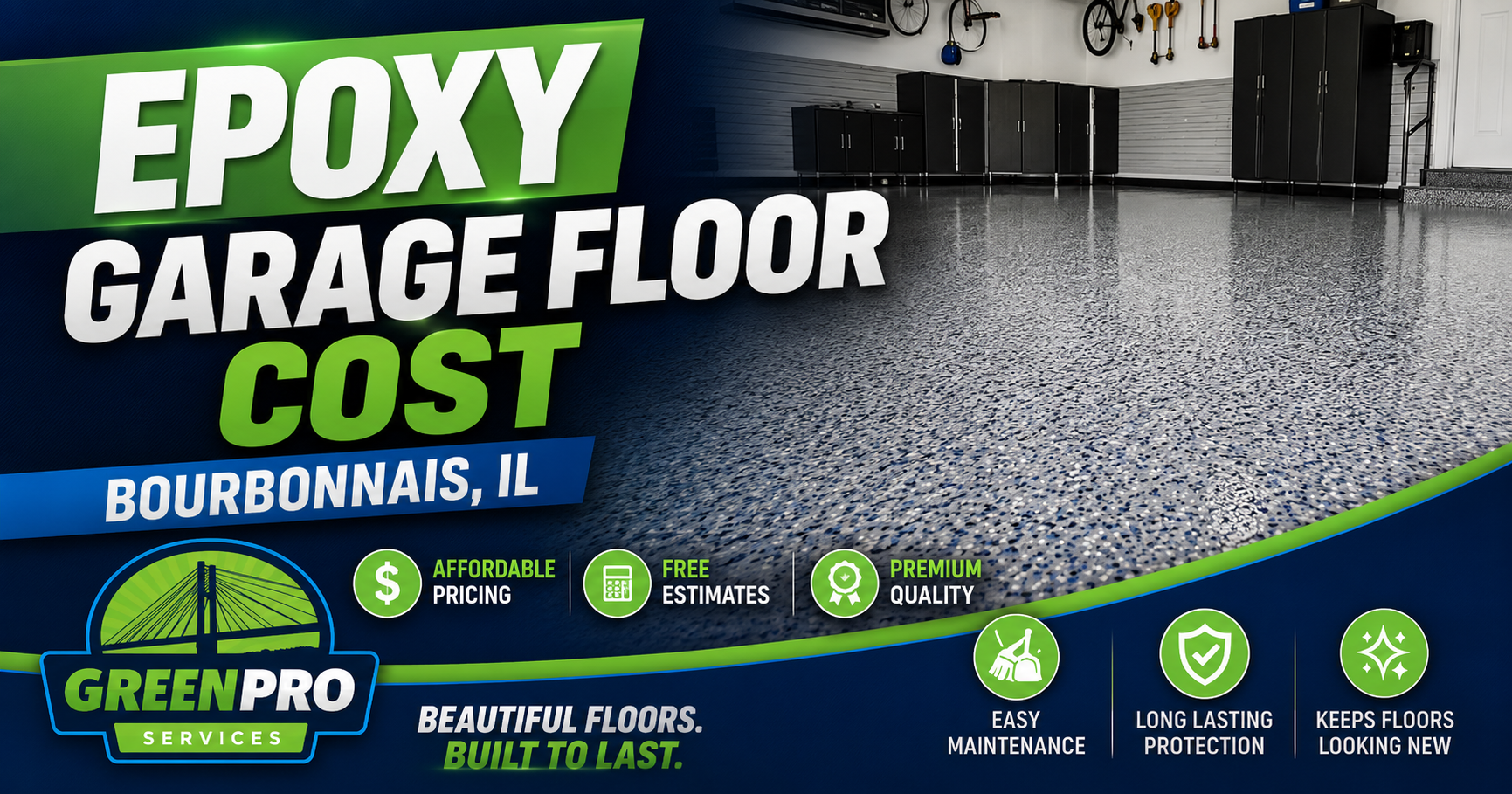 Epoxy garage floor cost ad for Bourbonnais, IL with green Pro Flooring branding and gray speckled garage floor