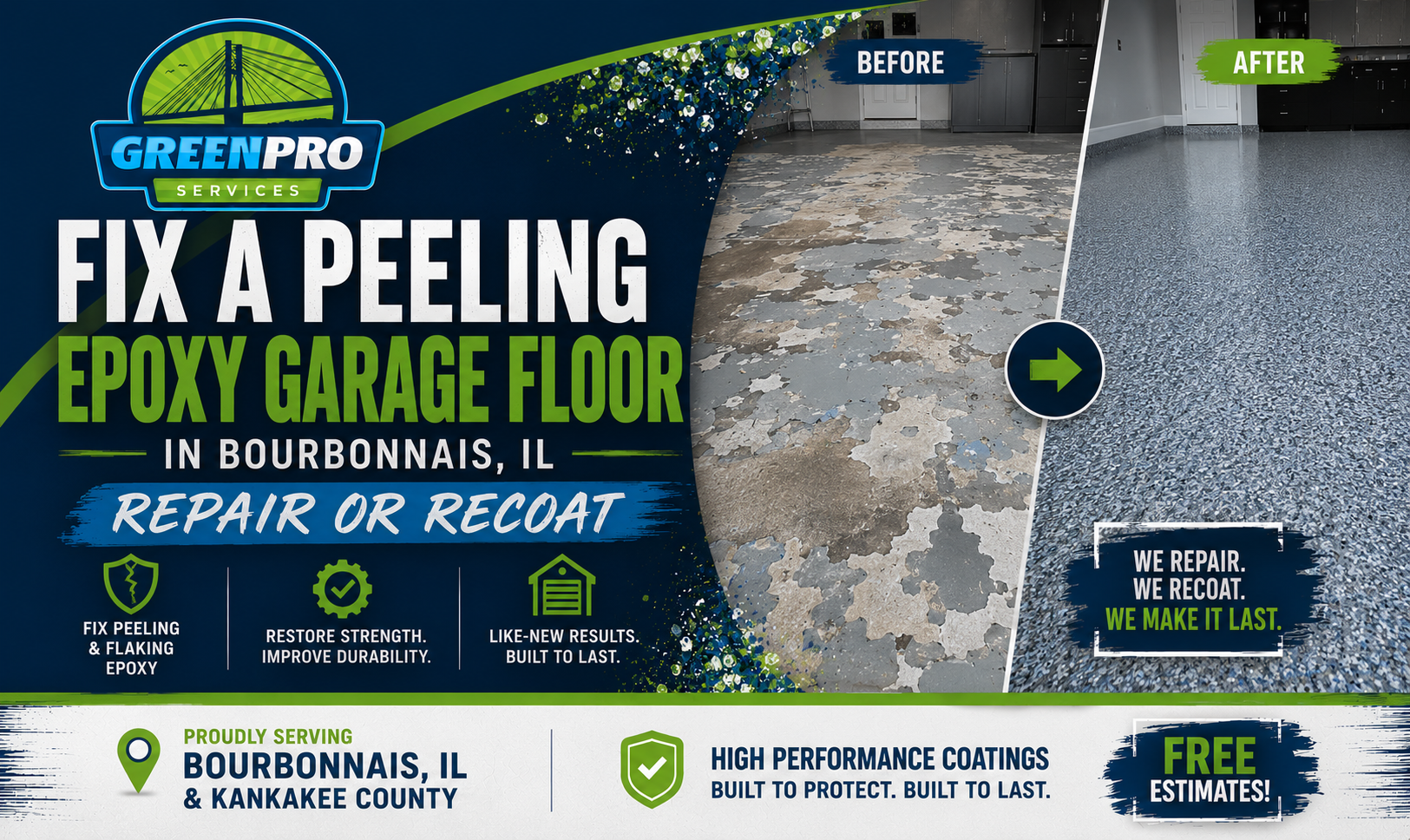 GreenPro ad for epoxy garage floor repair/recoat in Bourdonnais, IL, with before-and-after floor photos