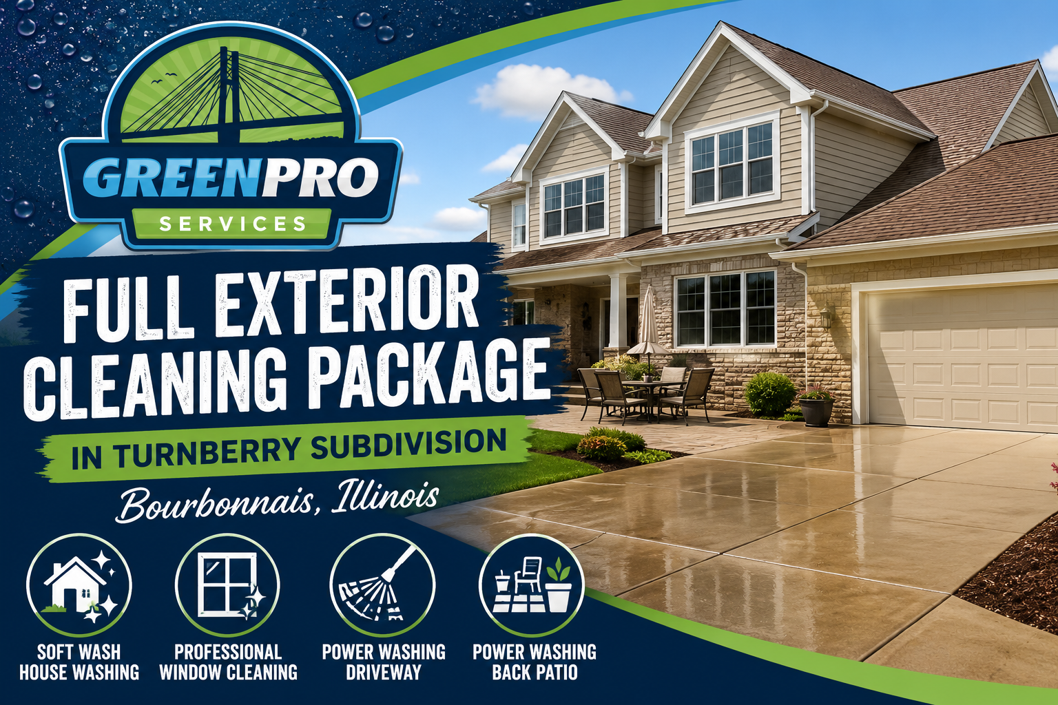 GreenPro Services ad for full exterior cleaning in Turnberry Subdivision, showing a house and wet driveway