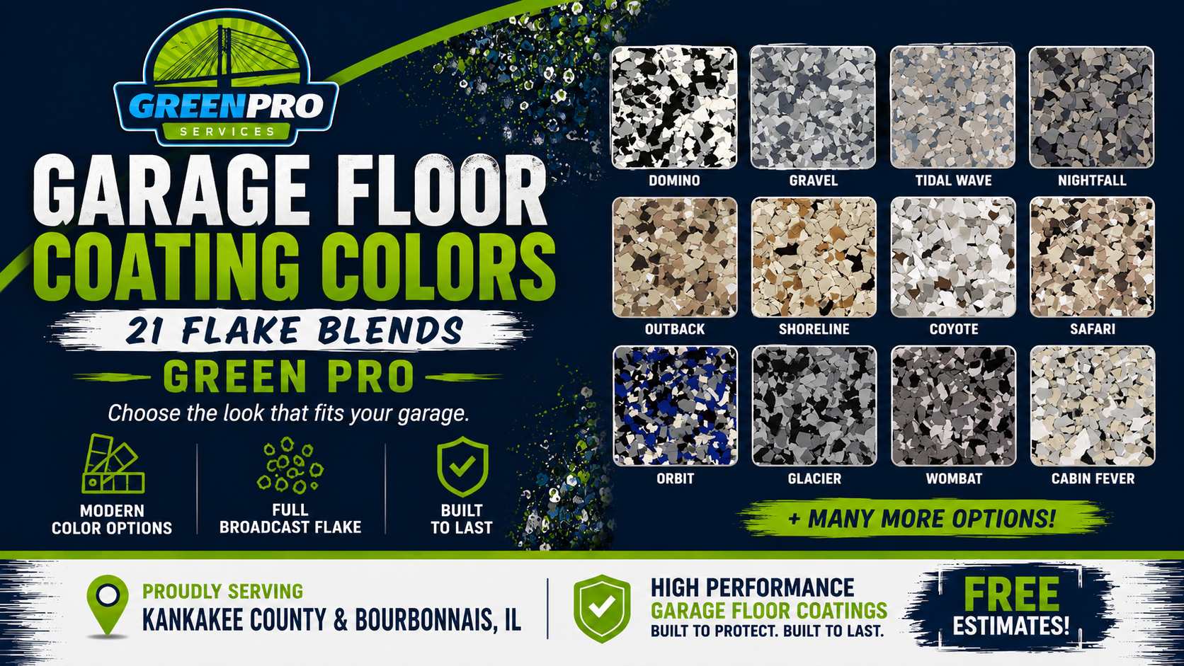 Green Pro garage floor coating colors ad with sample swatches and free estimate details