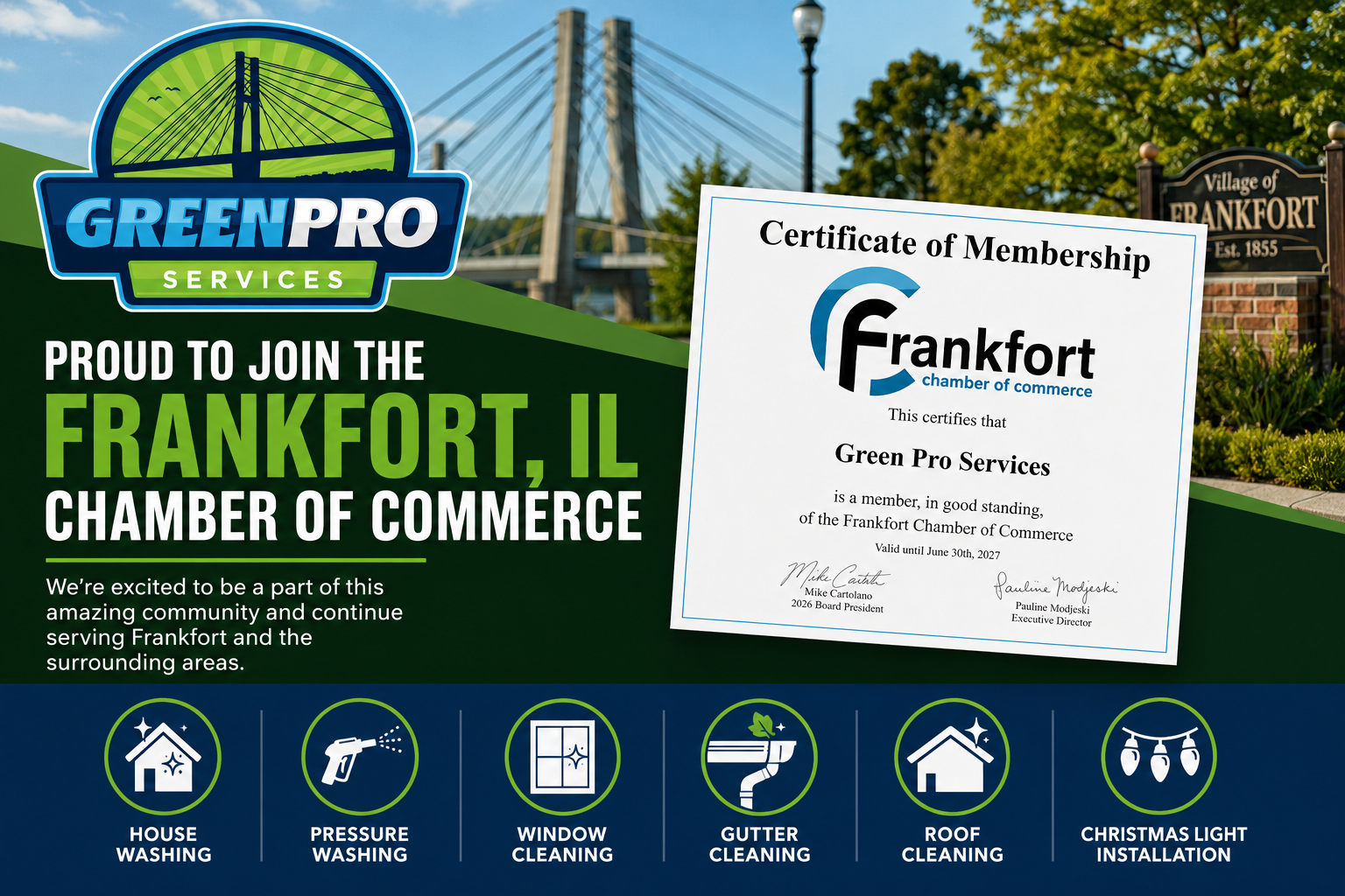 GreenPro Services Chamber of Commerce banner with Frankfort, IL certificate and service icons