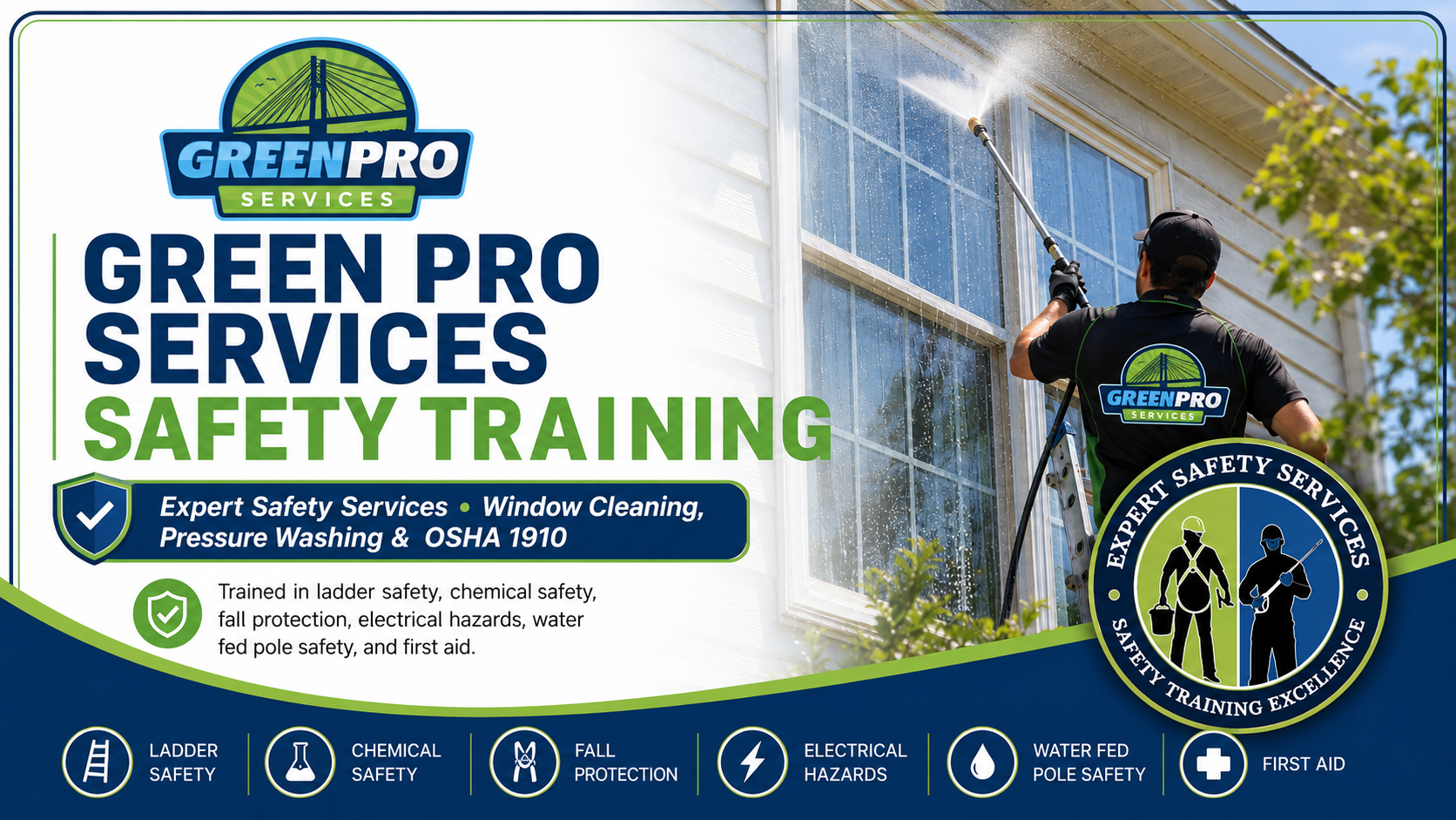 Certificate of Completion showing Green Pro Services training in window cleaner safety
