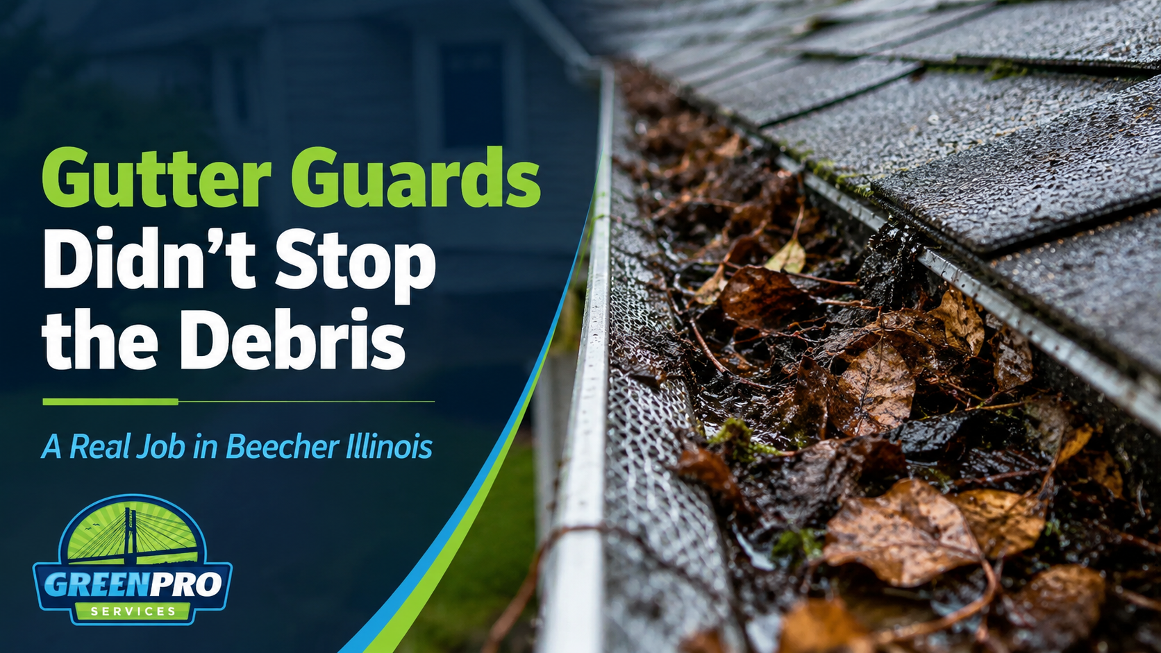 Clogged gutter with debris under gutter guards for Green Pro Services gutter cleaning job in Beecher
