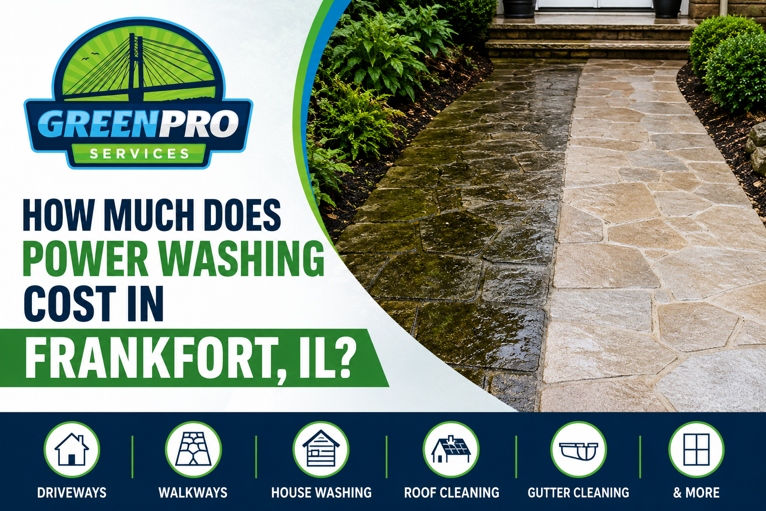 Before and after pressure washing natural stone walkway by Green Pro Services near Frankfort IL