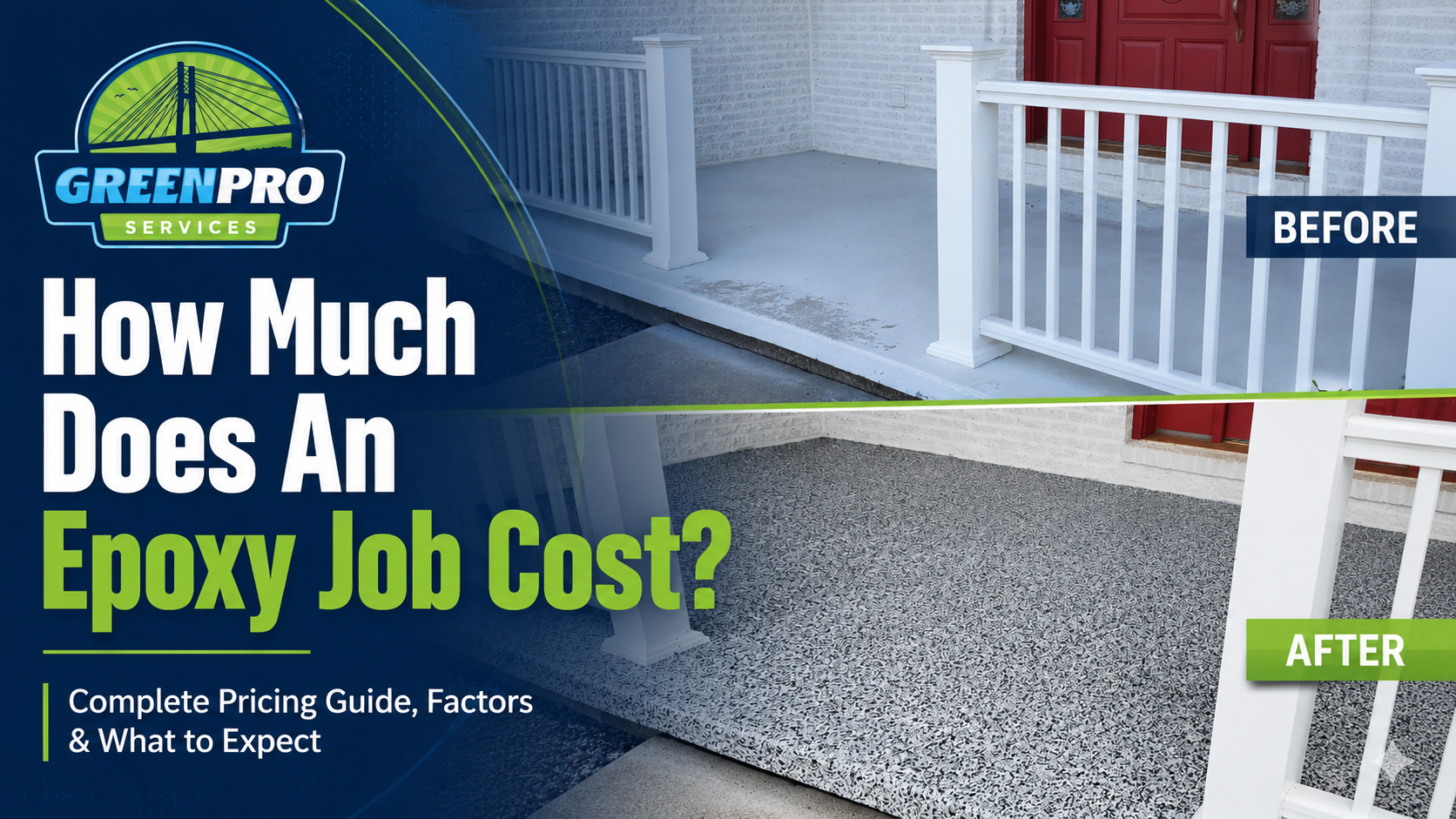 GreenPro promo showing a before-and-after epoxy garage floor and the text “How Much Does An Epoxy Job Cost?”