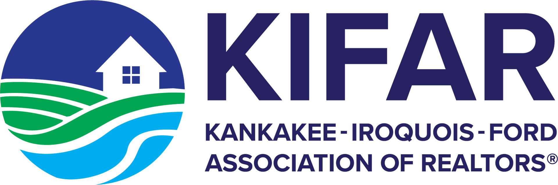Kankakee-Iroquois County Association of Realtors logo in blue and green with house and wave icon