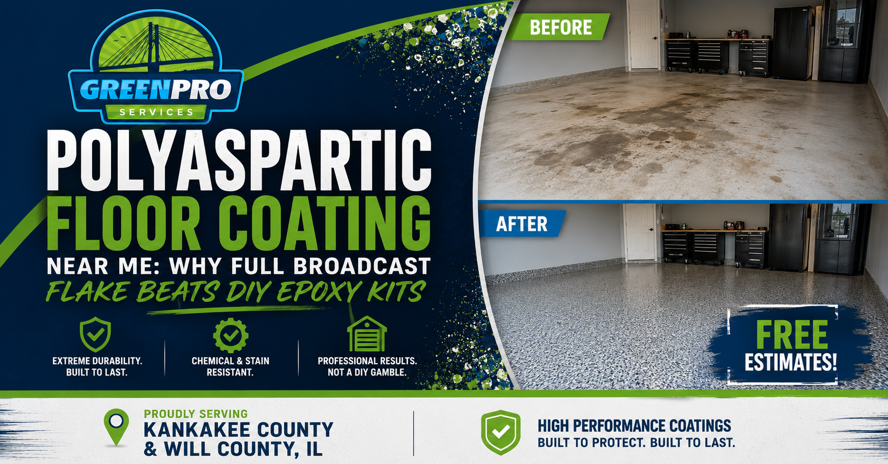 Green Pro polyaspartic floor coating ad showing before and after garage floor transformation, free estimates