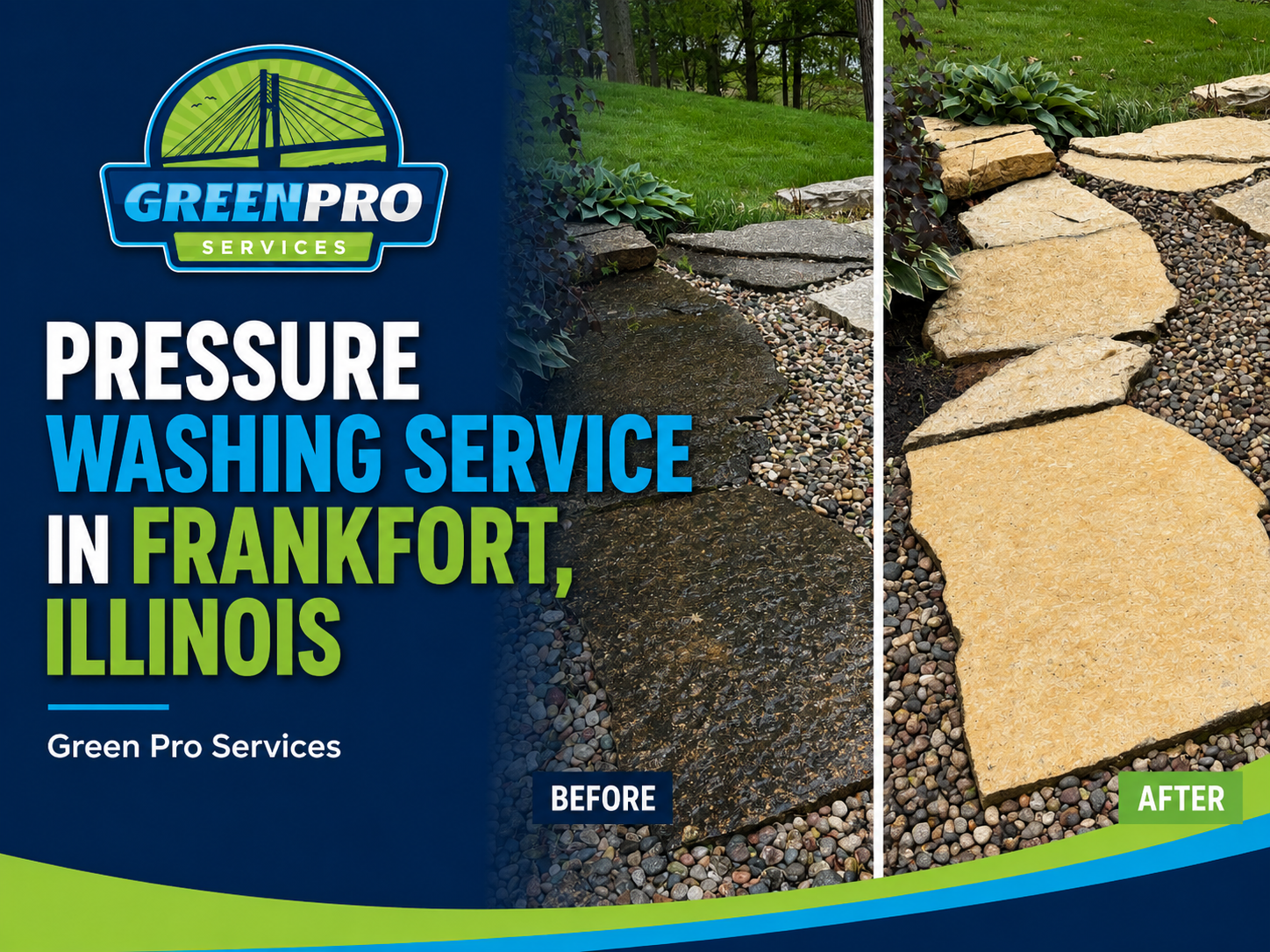 Green Pro Services ad for pressure washing in Frankfort, Illinois, showing before-and-after pavers and walkway.