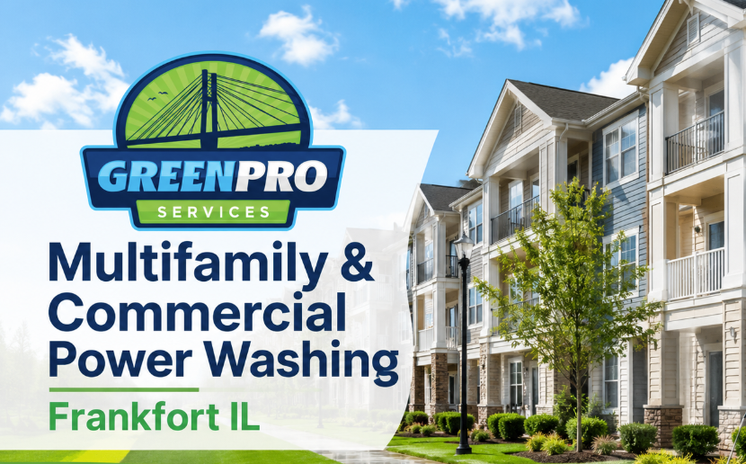 GreenPro Services ad for multifamily and commercial power washing in Frankfort, IL, with apartments and trees