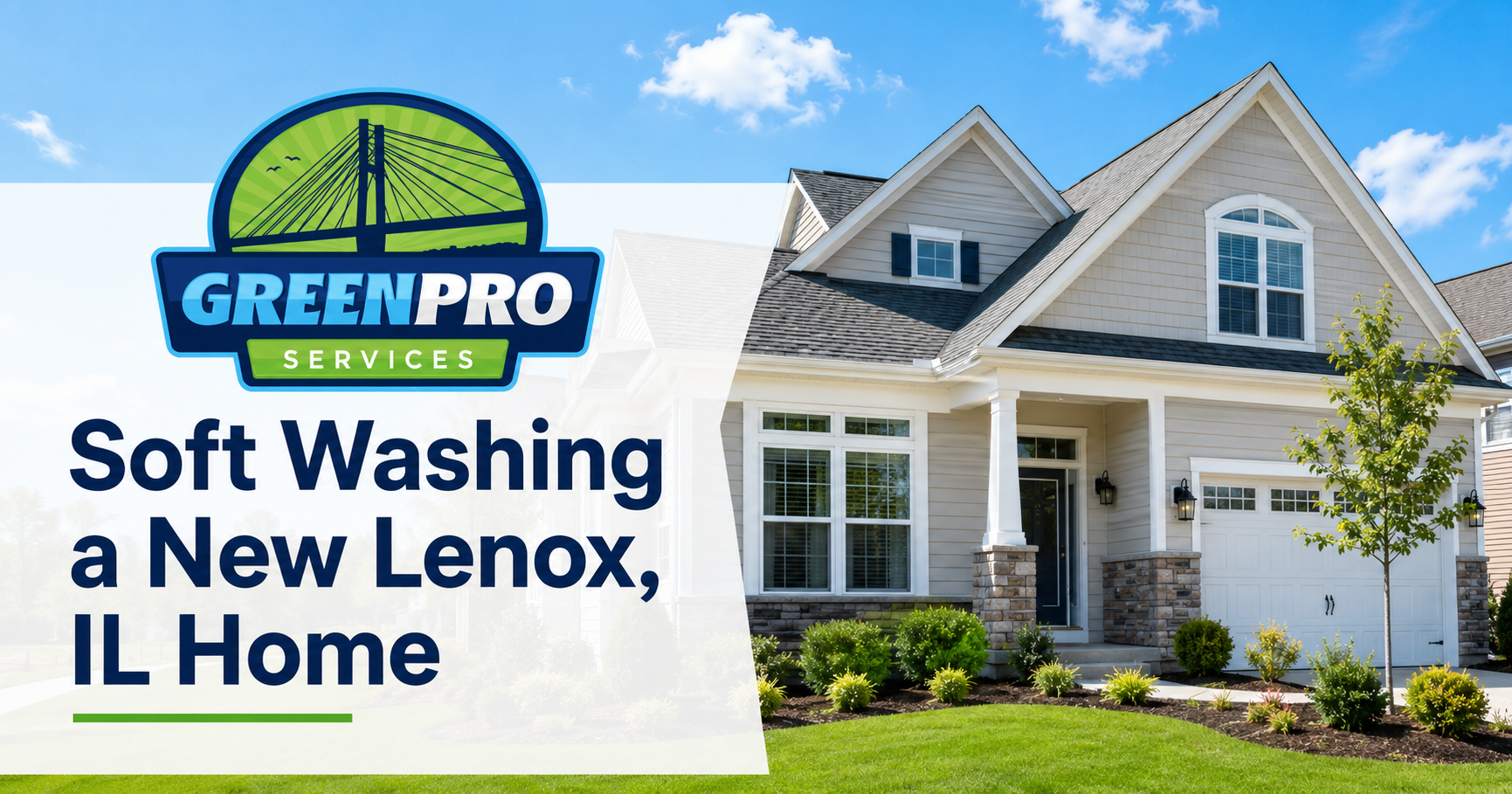 GreenPro Services soft washing a home in Lenox, IL beside a white house
