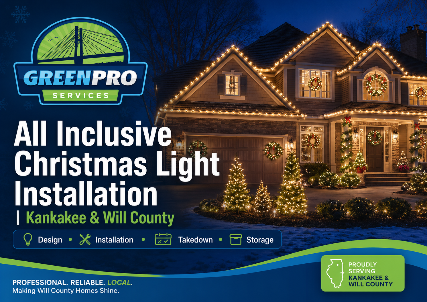 GreenPro Services ad for all-inclusive Christmas light installation on a lit house at night