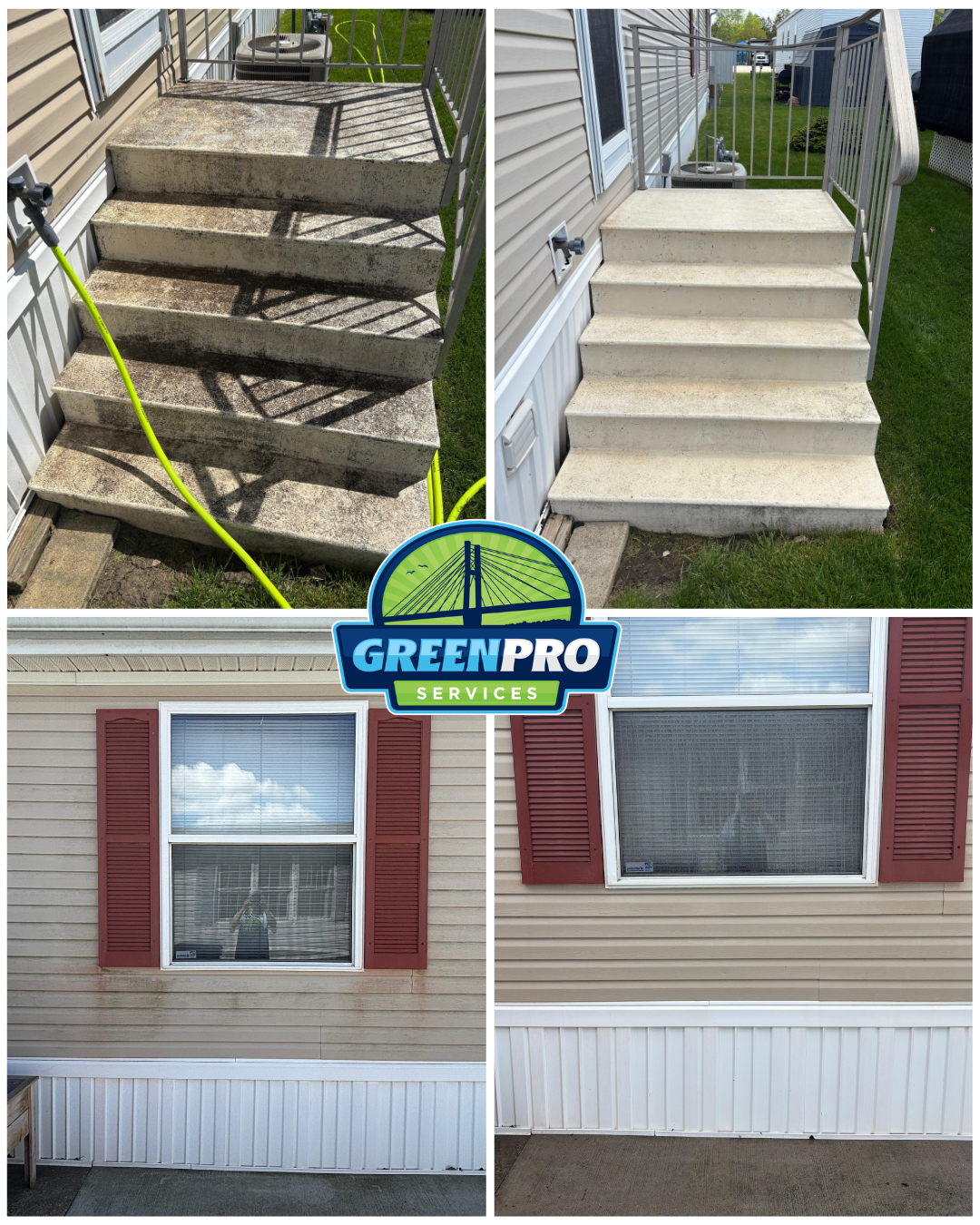 Before-and-after collage of soft washed mobile home siding and stairs