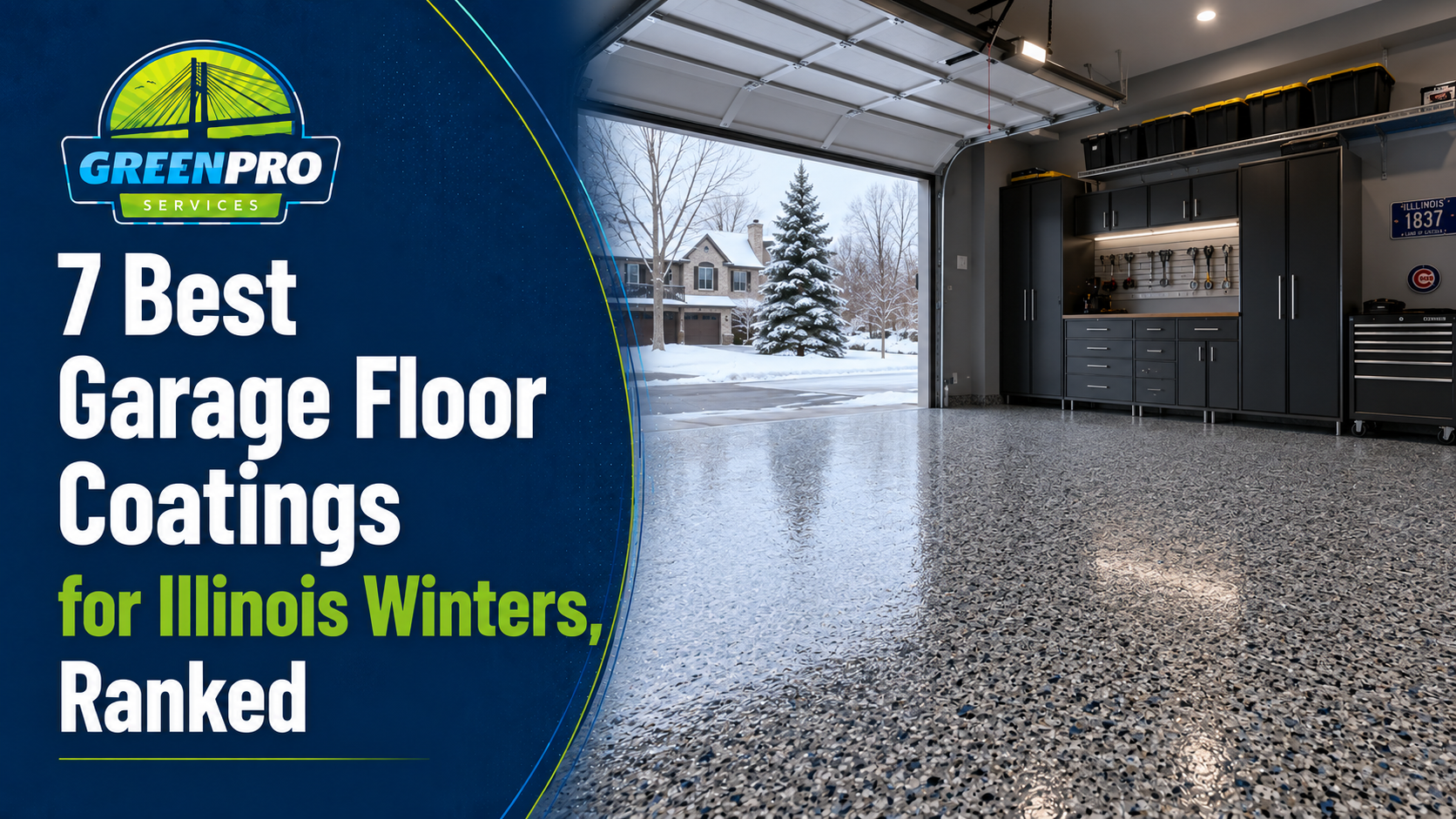 Garage with wet speckled floor and text: “7 Best Garage Floor Coatings for Illinois Winters, Ranked”