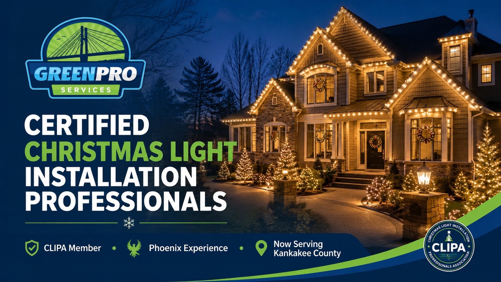 Green Pro Services certified Christmas light installation professionals serving Kankakee County IL