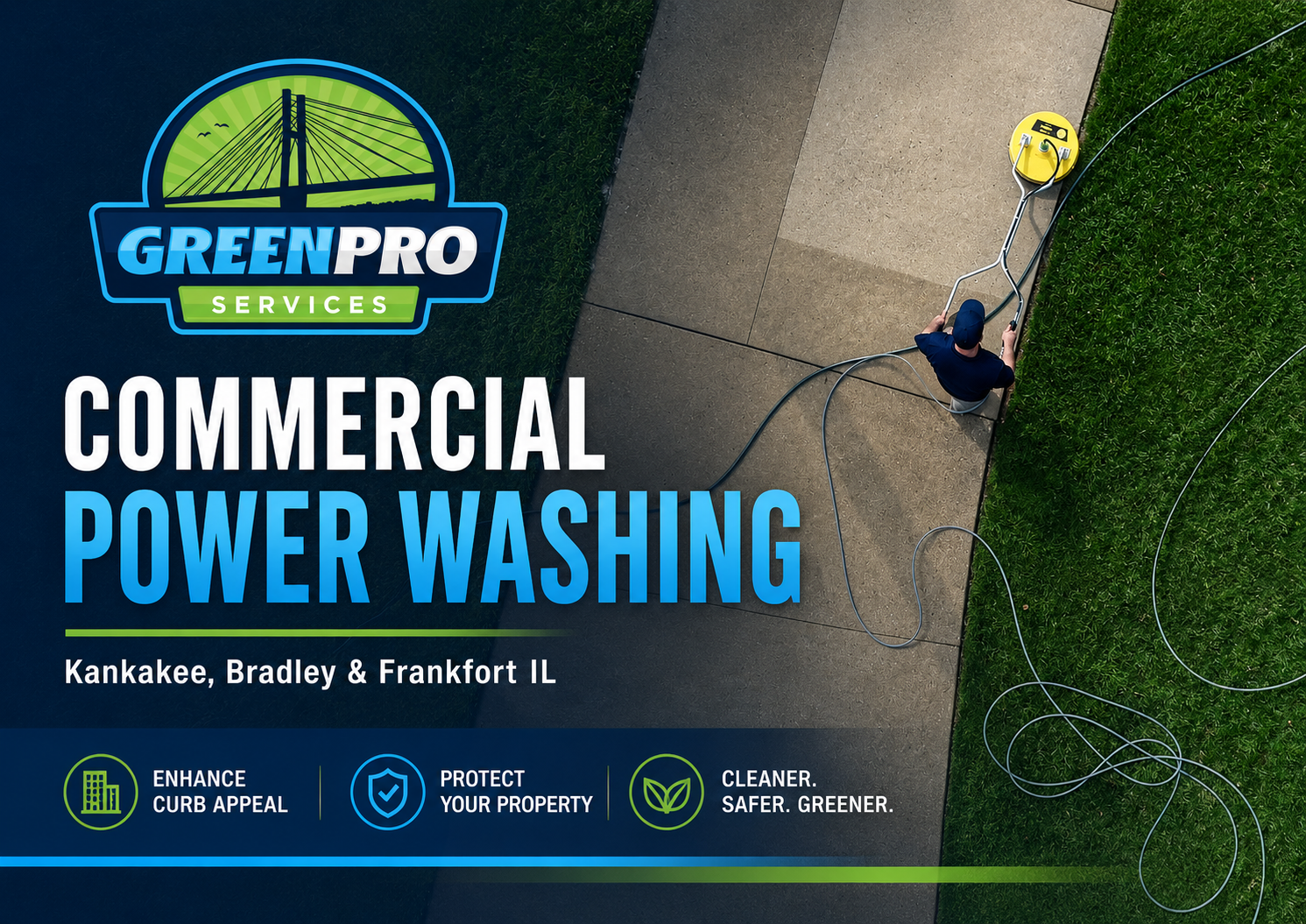 GreenPro Services commercial power washing ad with logo and worker cleaning pavement at right