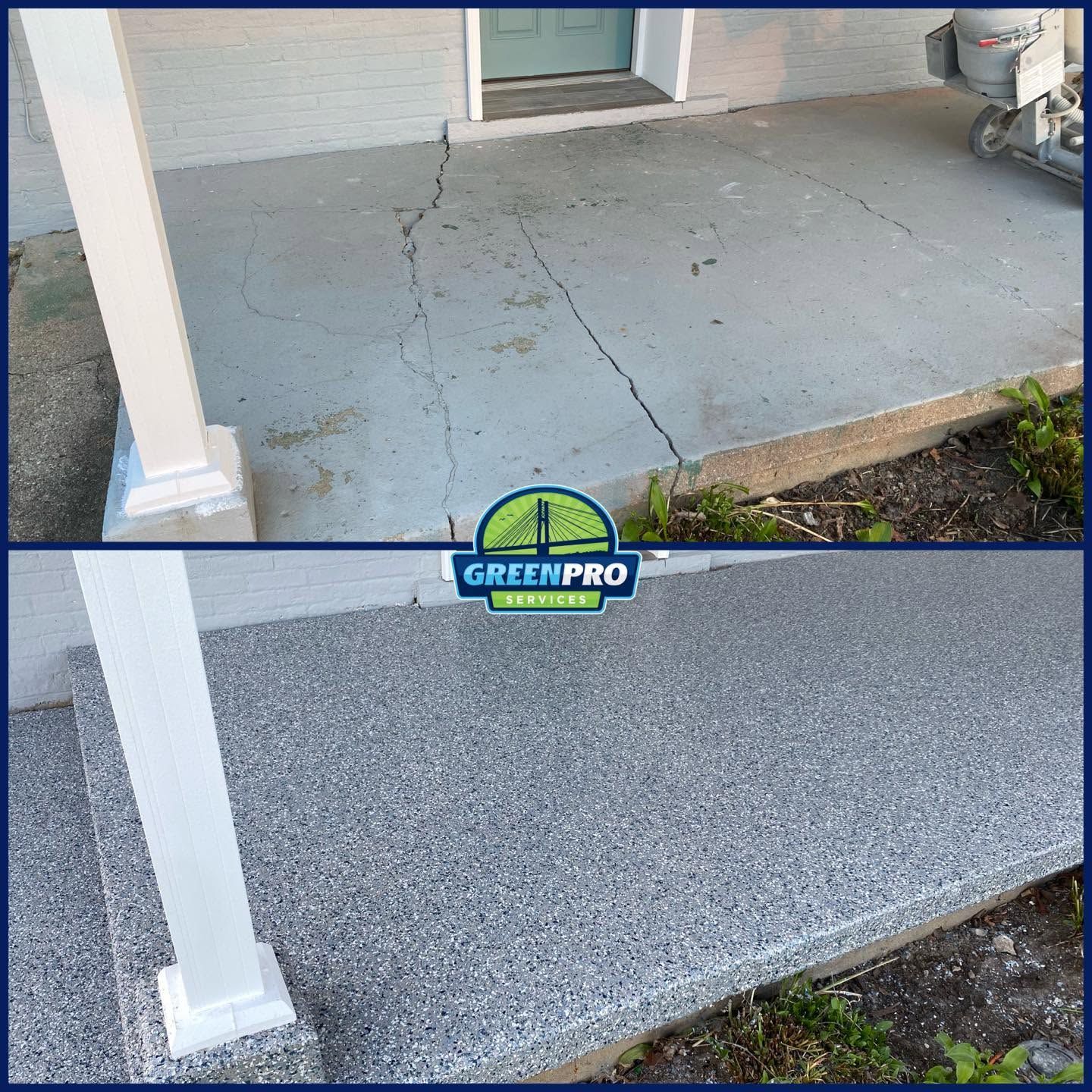 Before and after concrete patio coating installed in Kankakee County IL by Green Pro Services