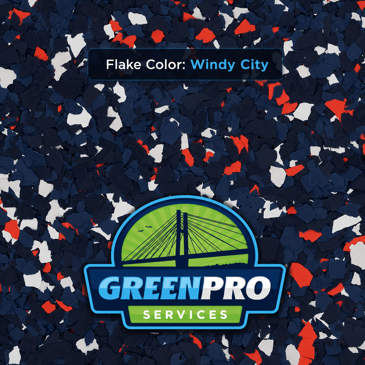 GreenPro Services logo on a navy, red, and white epoxy flake background with Flake Color: Windy City