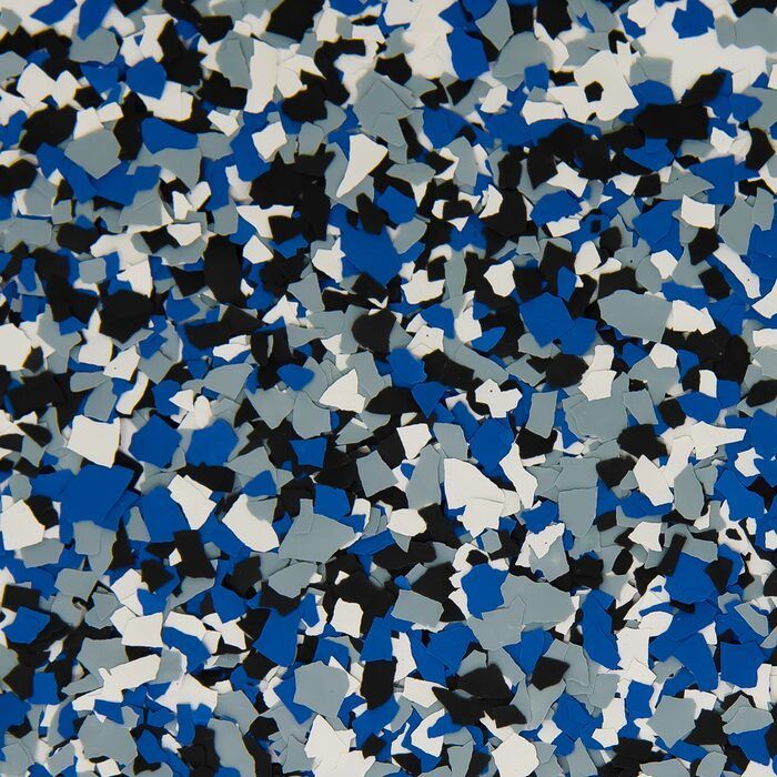 Blue, gray, black, and white garage floor flake blend installed by Green Pro Services in Kankakee IL