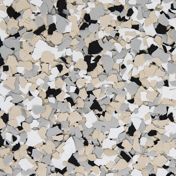 Tan, gray, white, and black garage floor flake blend installed by Green Pro Services in Kankakee IL