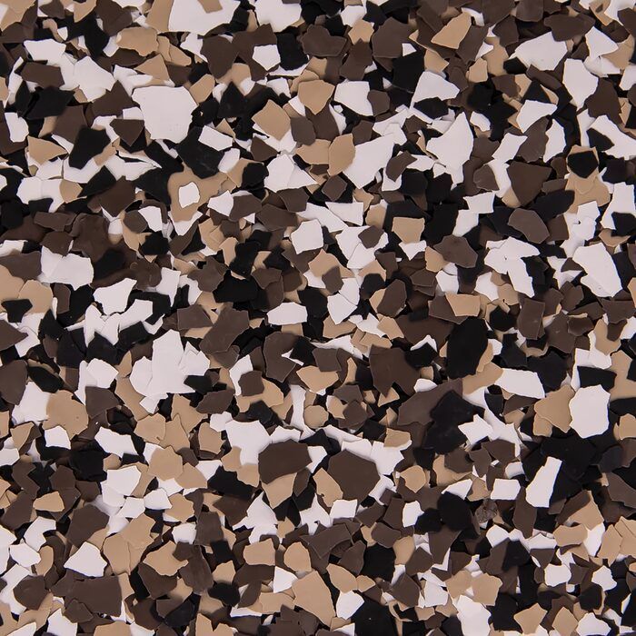 Brown, tan, black, and white garage floor flake blend installed by Green Pro Services in Kankakee IL