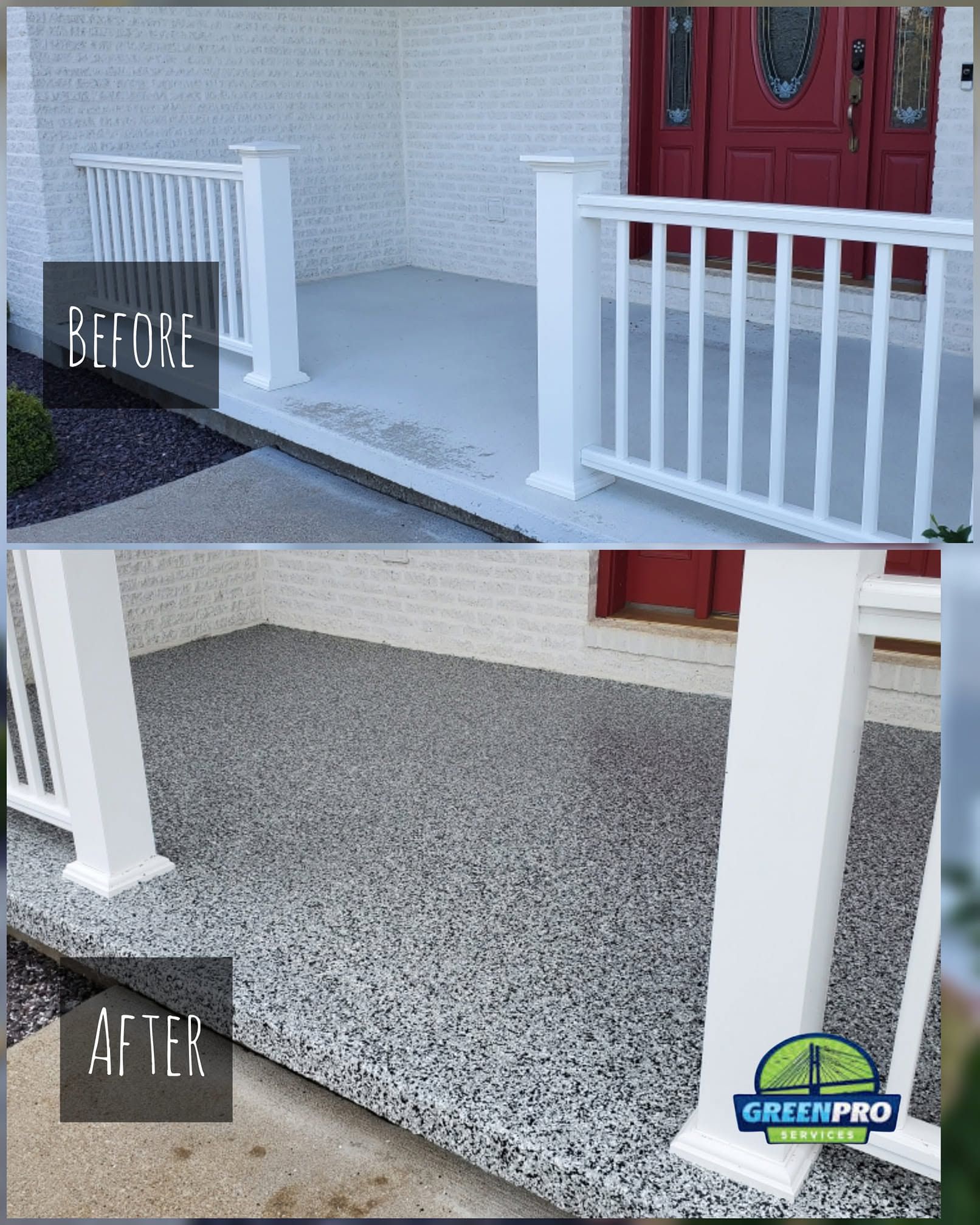 Before and after front porch concrete coating by Green Pro Services in Kankakee IL