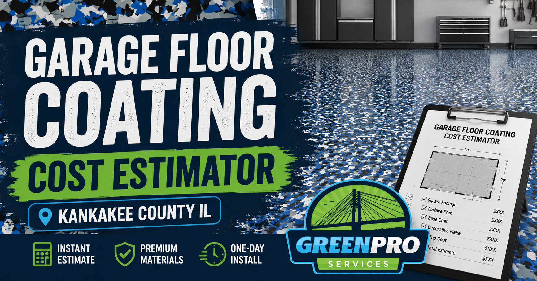 Garage floor coating cost estimator ad for Kankakee County, with GreenPro and checklist graphic