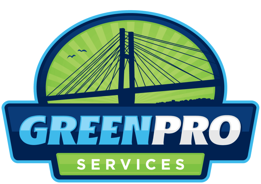 Logo: GreenPro Services; bridge silhouette over water, green and blue colors.