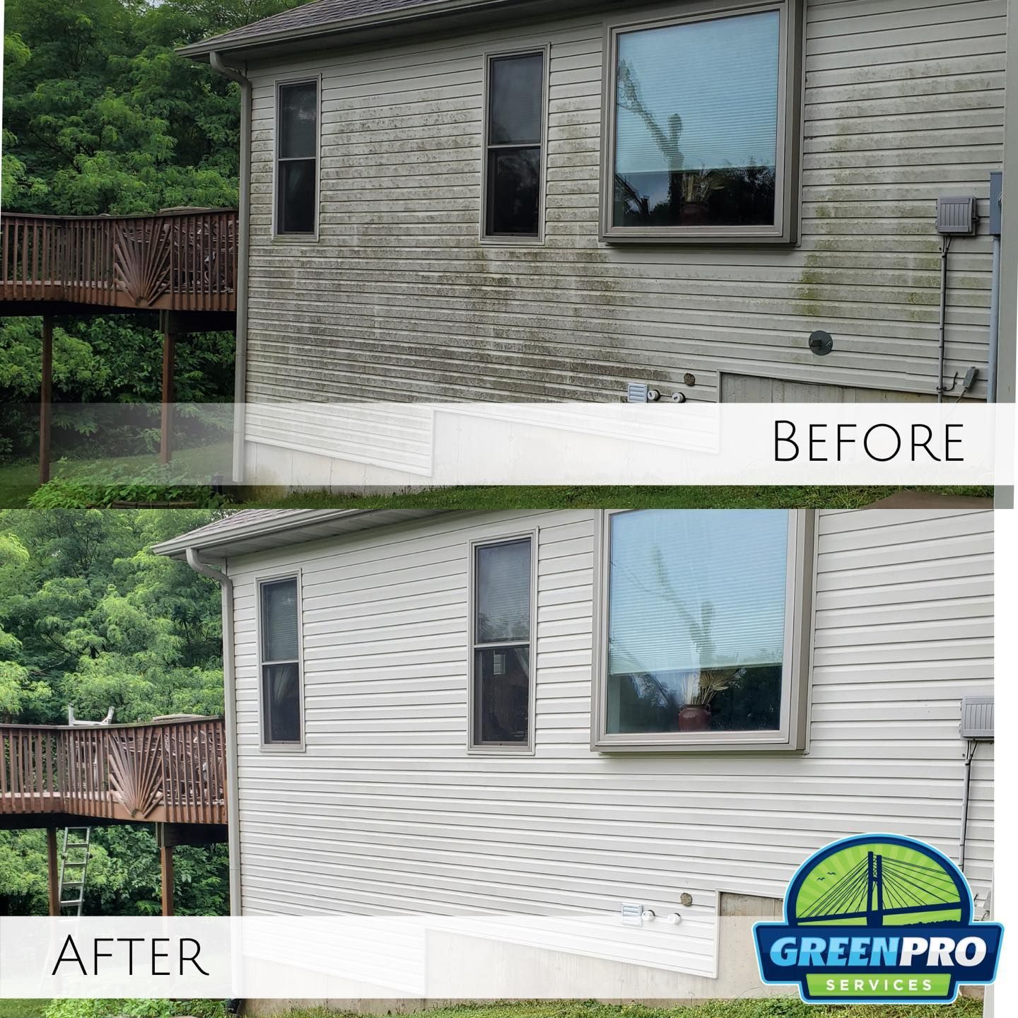 Green Pro Services soft wash house washing before and after for siding cleaning