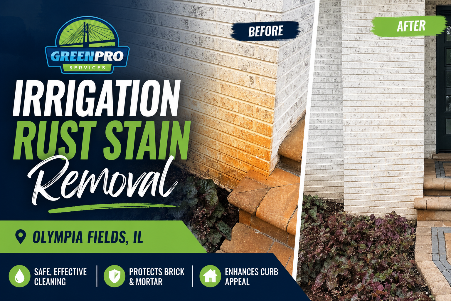 Irrigation rust stain removal ad showing before-and-after brick wall cleaning in Olympia Fields, IL