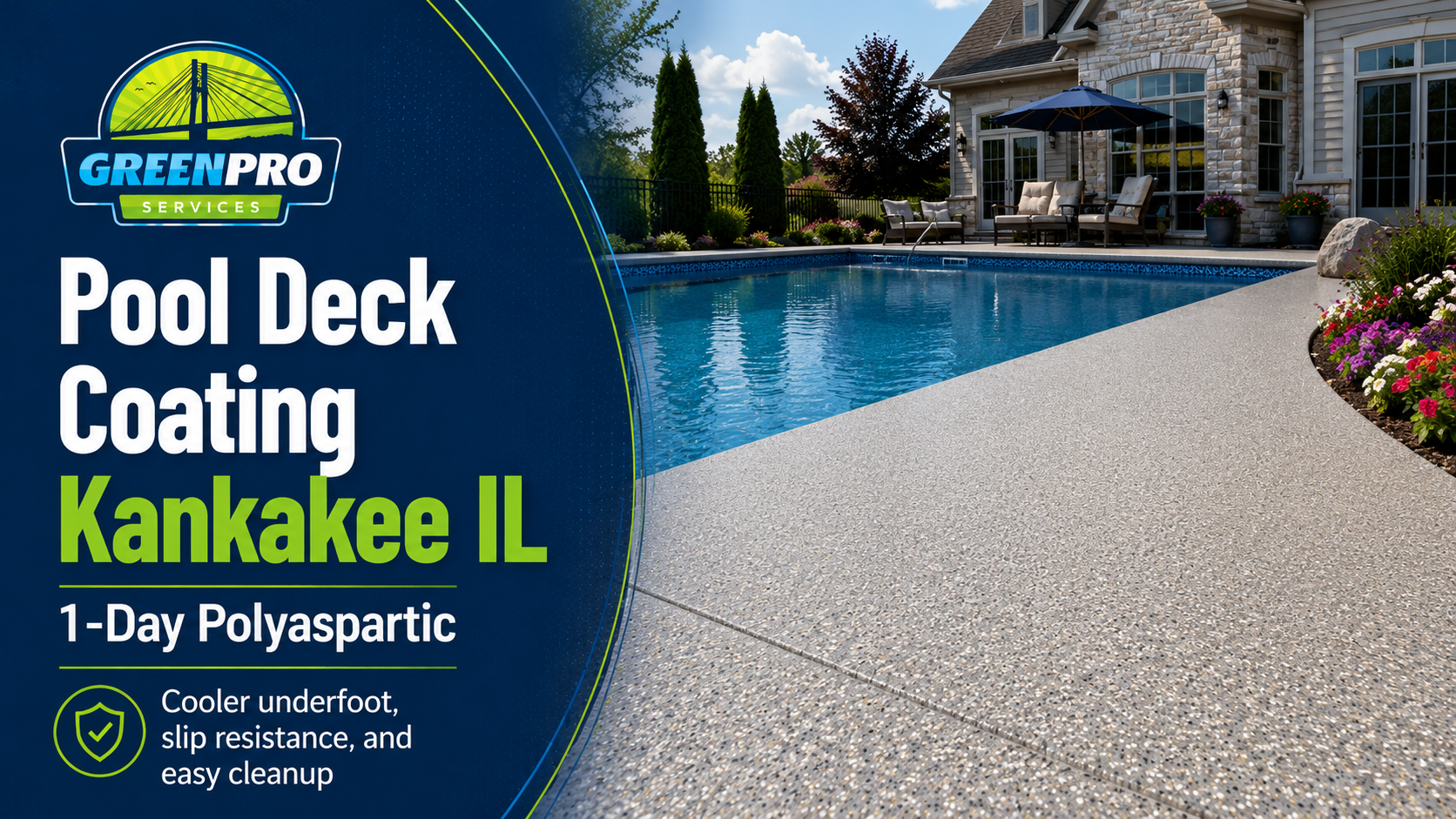 Pool deck coating ad for GreenPro Kanakee II beside a blue swimming pool