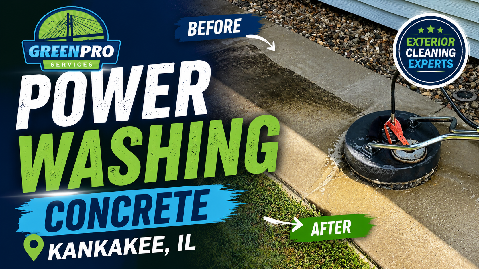Power washing concrete in Kankakee, IL, with before-and-after surface cleaning demo.