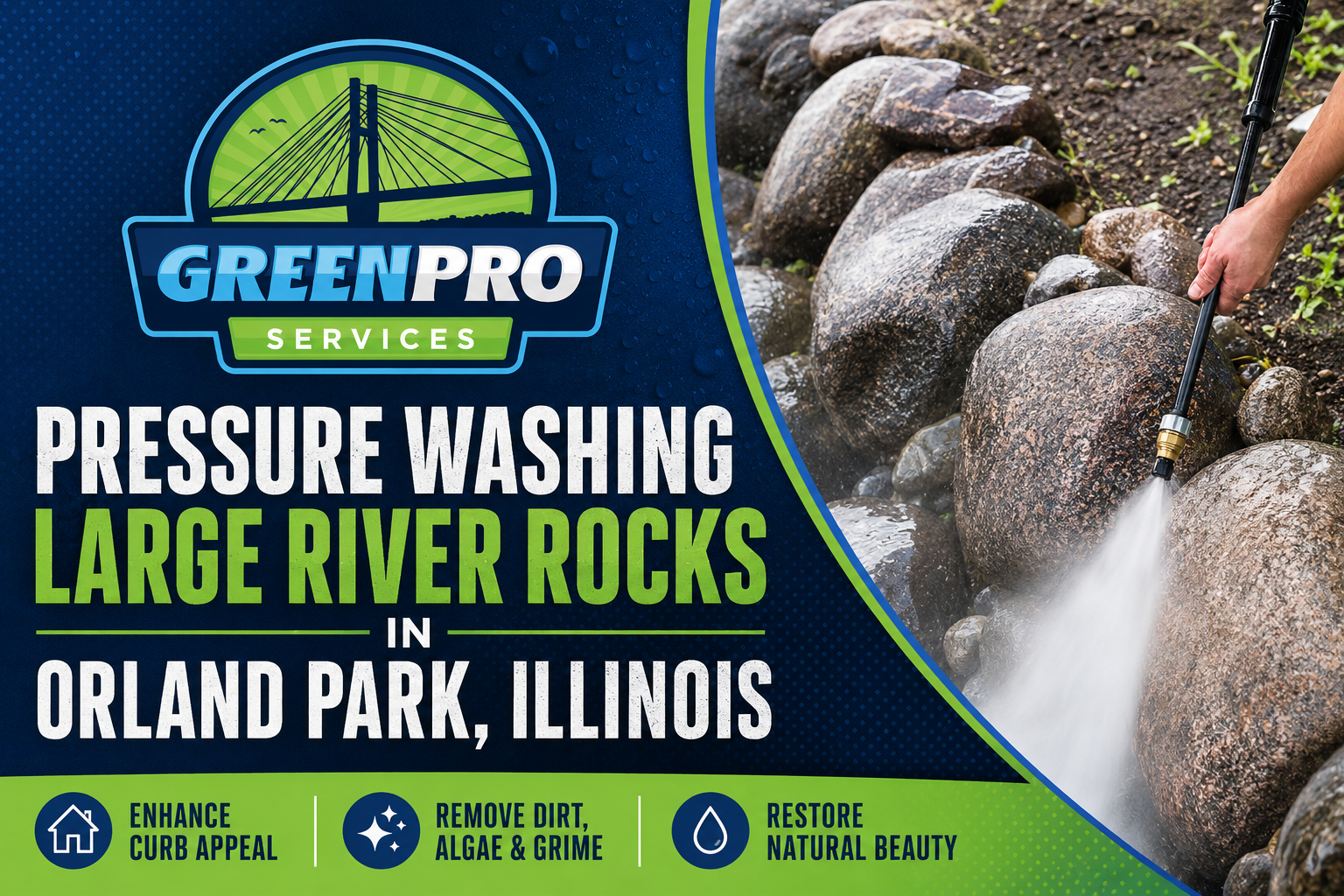 Green Pro Services washing large river rocks in Orland Park, Illinois, with water spraying over stones.