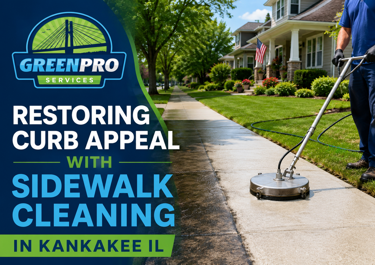 Green Pro Services cleaning a dirty sidewalk in Kankakee Illinois