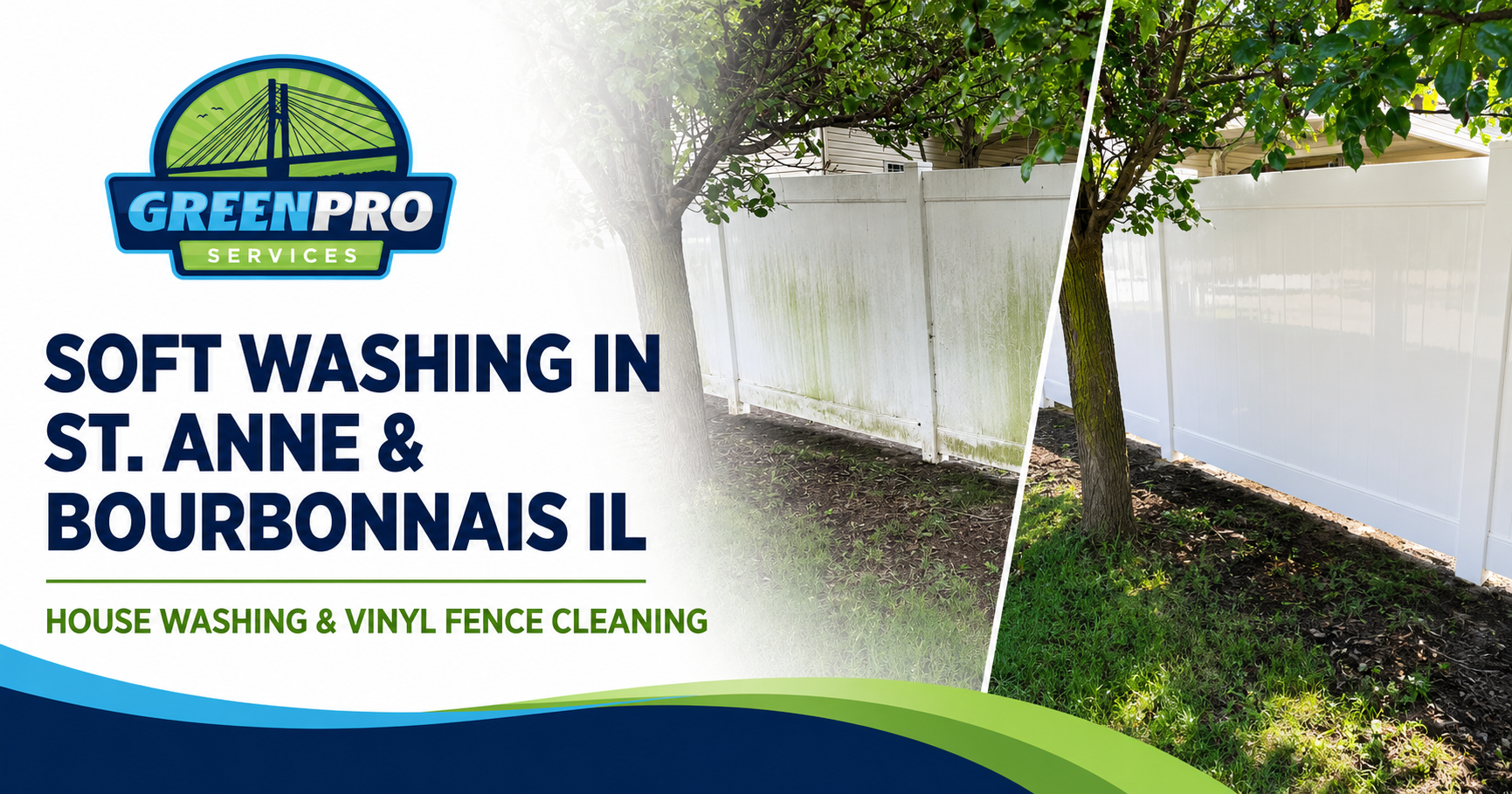 Green Pro Services soft washing a home in St. Anne Illinois and cleaning a house and vinyl fence