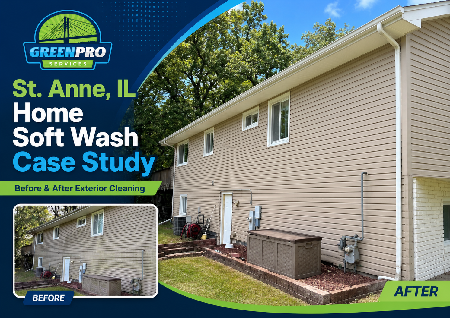 GreenPro St. Anne, IL home soft wash before-and-after siding cleaning comparison