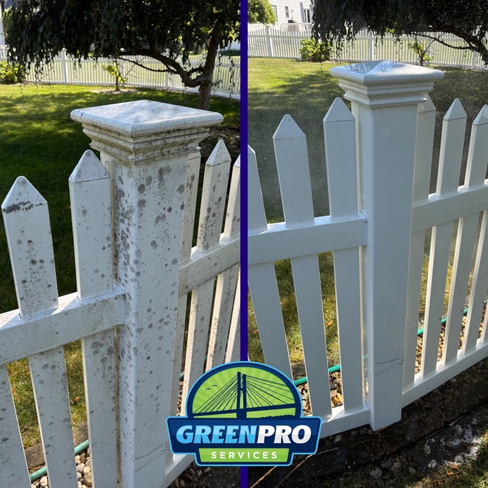 before and after photo vinyl fence soft washing