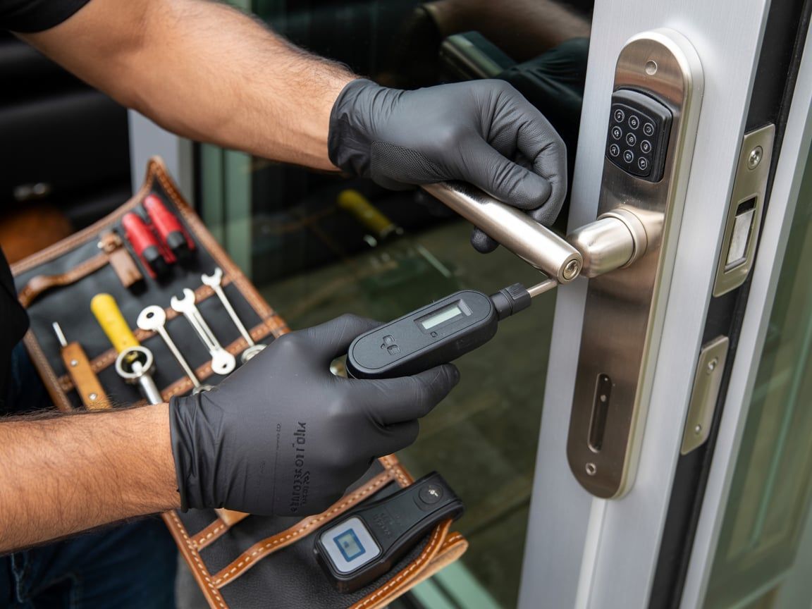 Person in black gloves uses a digital screwdriver to repair a door lock with a keypad; tools are nearby.