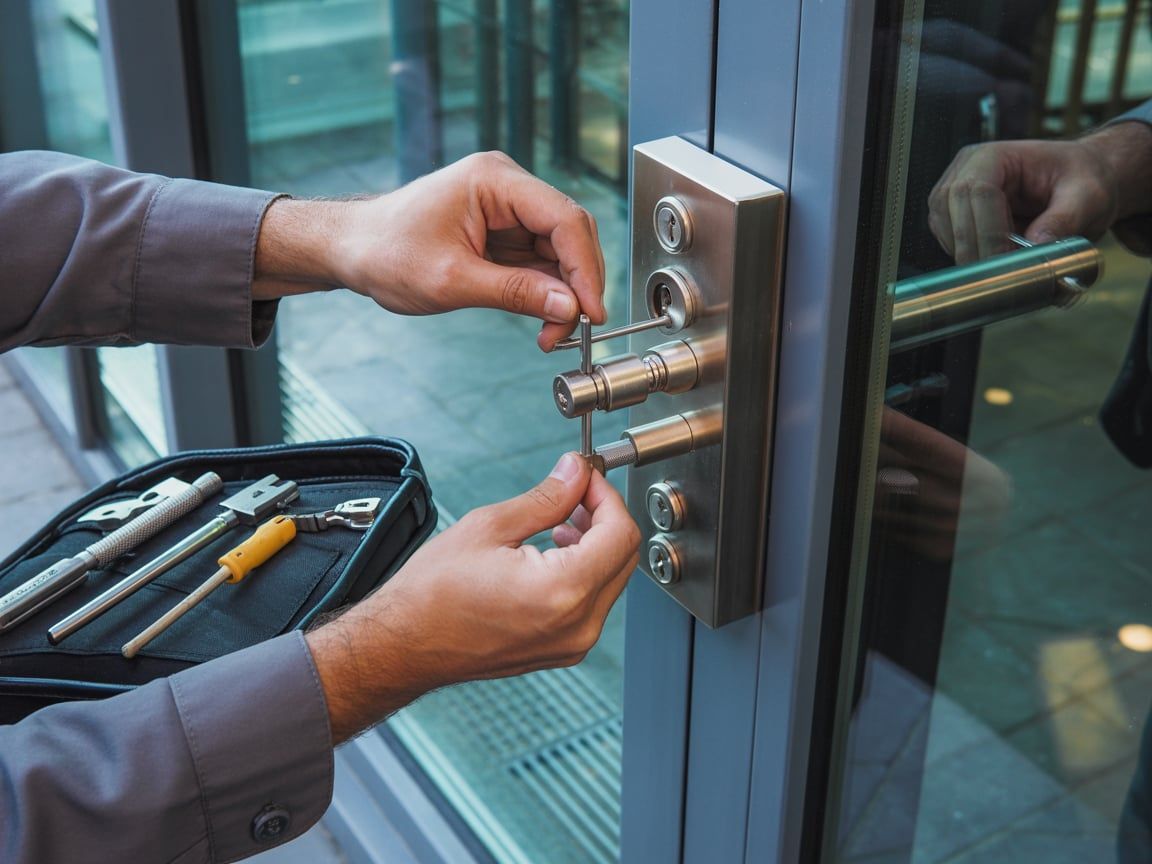 Locksmith picks a door lock with tools, outside a building.