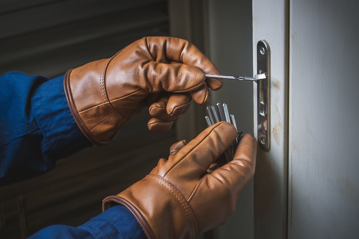 A person wearing leather gloves is opening a door with a screwdriver.